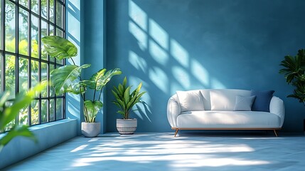 Canvas Print - Modern living room interior with blue wall, white sofa and potted plants