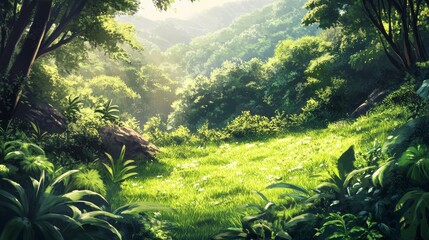 A lush, green hillside with plants and trees. It's a beautiful summer scene.