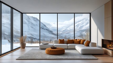 Canvas Print - Modern living room interior design with sectional sofa, mountain view and fireplace