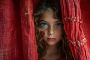 young girl peeking through a vibrant red stage curtain, capturing the mystery and anticipation of a theatrical performance.