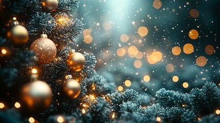 Christmas and New Year holidays background. Christmas tree with golden baubles and lights bokeh background. Space for text. Copy space. Greeting card.