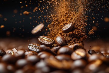 Wall Mural - A pile of coffee beans with some of them scattered in the air