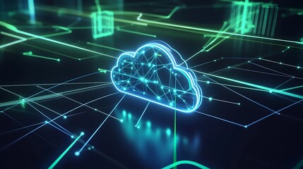 Poster - A glowing cloud computing icon with lines connecting it to other icons on a dark background.