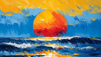 Vibrant sunset with a large red sun above dynamic blue waves, set against a bright yellow background, creating a striking artistic contrast.