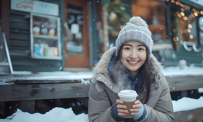 young asian woman standing by a wooden cabin, holding a cup in christmas