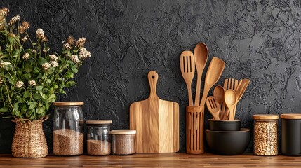 In this modern kitchen interior, wooden countertops, cutting boards, and potted plants are combined with stylish utensils in holders and sleek, minimalistic design elements.