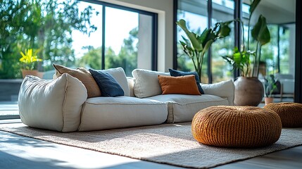 Poster - Modern living room interior design with comfortable white sofa and orange poufs on rug near window