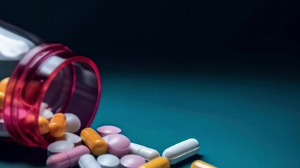 Poster - Pink lidded bottle spills pills on blue surface, symbolizing health care and treatment. Scattered pills hint at illness, pain relief, therapy