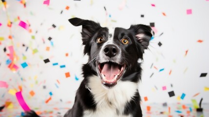 A joyful black and white dog sits in front of a backdrop filled with vibrant confetti, giving a sense of celebration and happiness.