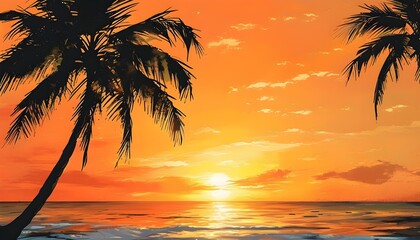 Wall Mural - Tropical beach sunset with silhouetted palm trees against a vibrant orange and yellow sky