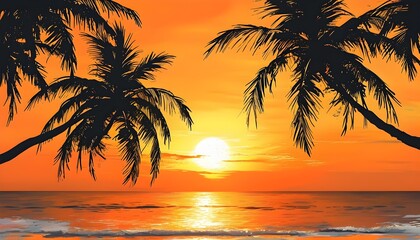 Wall Mural - Tropical beach sunset with silhouetted palm trees against a vibrant orange and yellow sky