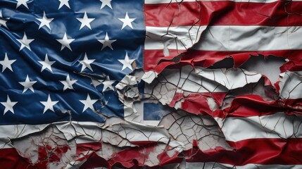 A crumbling and tattered American flag signifies distress, decay, and the passage of time, evoking deep emotions and reflection.