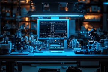 Poster - A computer monitor is on a desk with a lot of other equipment