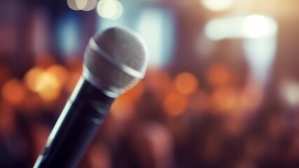 Aufkleber - Wireless microphone is standing on a stage in front of a blurred audience, creating an anticipation of a performance. The stage lights are creating a warm and inviting atmosphere