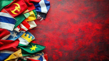 Wall Mural - international mother language day. flags of different countries of the world against a red backgroun