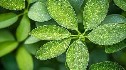 A close-up of dew-covered green leaves illuminated by soft morning light, showcasing intricate details and textures