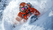 © Collorio - Skier in red jacket speeding through deep powder snow, action sports