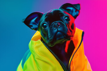 Wall Mural - Realistic lifelike dog in fluorescent electric highlighters ultra-bright neon outfits, commercial, editorial advertisement, surreal surrealism. 80s Era comeback