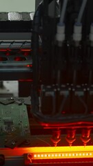 Poster - Production line with computer processors on electronics factory. Creative. Microchip production process.