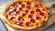 © PondLord - A freshly baked pepperoni pizza with melted cheese and vibrant toppings on a wooden cutting board, with a light solid color background