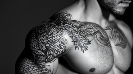 Black and white photo of a man with a dragon tattoo on his shoulder