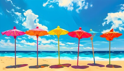 Playful tropical beach scene with colorful cocktail umbrellas in the sand under a clear summer blue sky