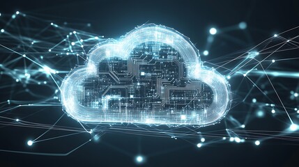 Poster - A glowing cloud computing icon with circuit board design inside surrounded by lines and dots on a blue background.