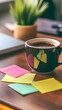 © Nattawee - A creative workspace with sticky notes and a coffee cup on a desk, symbolizing marketing strategy development