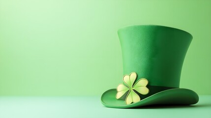 Wall Mural - A vibrant green top hat adorned with a golden shamrock, resting on a light solid color background