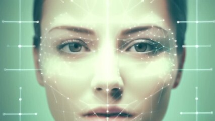 Poster - Woman's face scanned by biometric software, creating a digital grid for security and identification. Futuristic technology analyzes features with ai, emphasizing cyber aspects