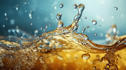 Wall Mural - Liquid splash with golden tones and bubbles in water