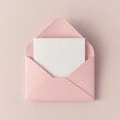 © Avve Diana  - A white blank card in a pink envelope is isolated on a pink pastel color background with a shadow love letter minimal conceptual rendering in 3D