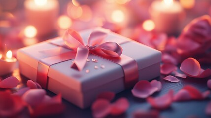 Sticker - A romantic gift box with a pink ribbon and rose petals, surrounded by candles.