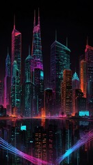 Neon cityscape with soundwaves.