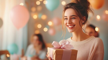 Canvas Print - A young woman smiles happily while holding a gift at a party.