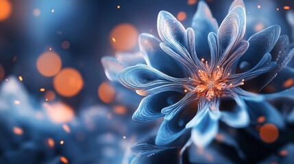 A close-up of a beautiful blue flower with a golden center, lit by a warm glow.