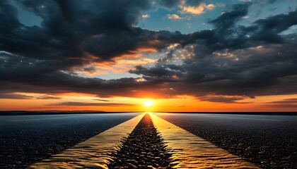 panoramic view of a stunning sunset over a dark asphalt street with clouds reflecting in the night sky