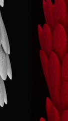Poster - Abstract white and red wide tubes covered by shining bird feathers, seamless loop. Animation. Glowing oval shaped feathers covering bending contrast tubes.