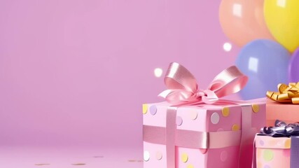 Poster - Colorful gift boxes with ribbon bows elegantly arranged on a soft pink surface. Surrounded by whimsical balloons on a matching background. Celebrations. Or special events