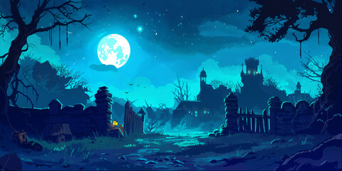 Wall Mural - Fantasy Village Landscape Background Panorama Concept Drawing image HD Print Neo Game Art V12