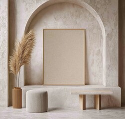 A mockup of a square frame on a wall that is painted beige, rendered in 3D