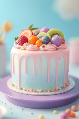 Wall Mural - Colorful cake topped with fresh fruits and pastel frosting on a festive table setting