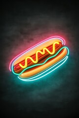 Neon hot dog sign glowing vibrantly against a dark background in a cozy eatery