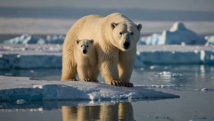 Wall Mural - Polar bear with cub on ice, Svalbard.