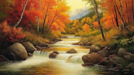 Wall Mural - A scenic view of a river flowing through a forest with vibrant autumn foliage and a mountain range in the background.