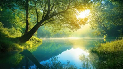 Poster - A serene forest scene with a tranquil lake reflecting the golden sunlight filtering through the lush green canopy.