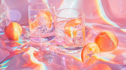 Wall Mural - Glasses of sparkling water with peach slices on a vibrant background