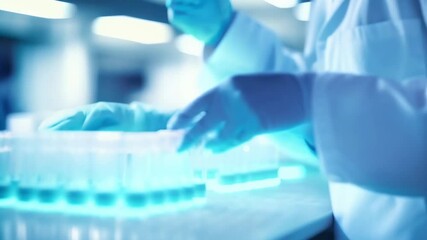 Poster - Scientist wearing gloves is conducting research in a laboratory, carefully examining test tubes filled with blue liquid, potentially for vaccine development or pharmaceutical analysis