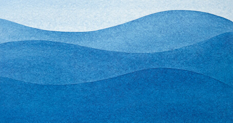 Poster - Abstract art background navy azure blue colors. Watercolor painting on texture paper with turquoise pattern of sea waves. Abstract art background with blue wavy line as gradient