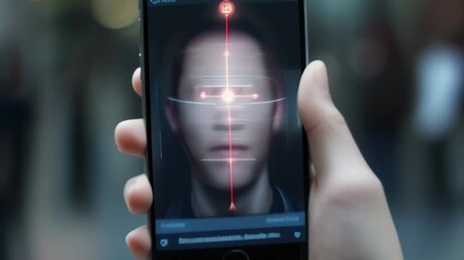 Poster - Software developer scans a man's face with a smartphone, focusing on data for security and identification in the digital age